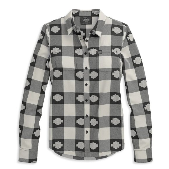 HARLEY DAVIDSON Top Womens Medium Black White Plaid Jacquard Logo Shirt Biker - Picture 1 of 12